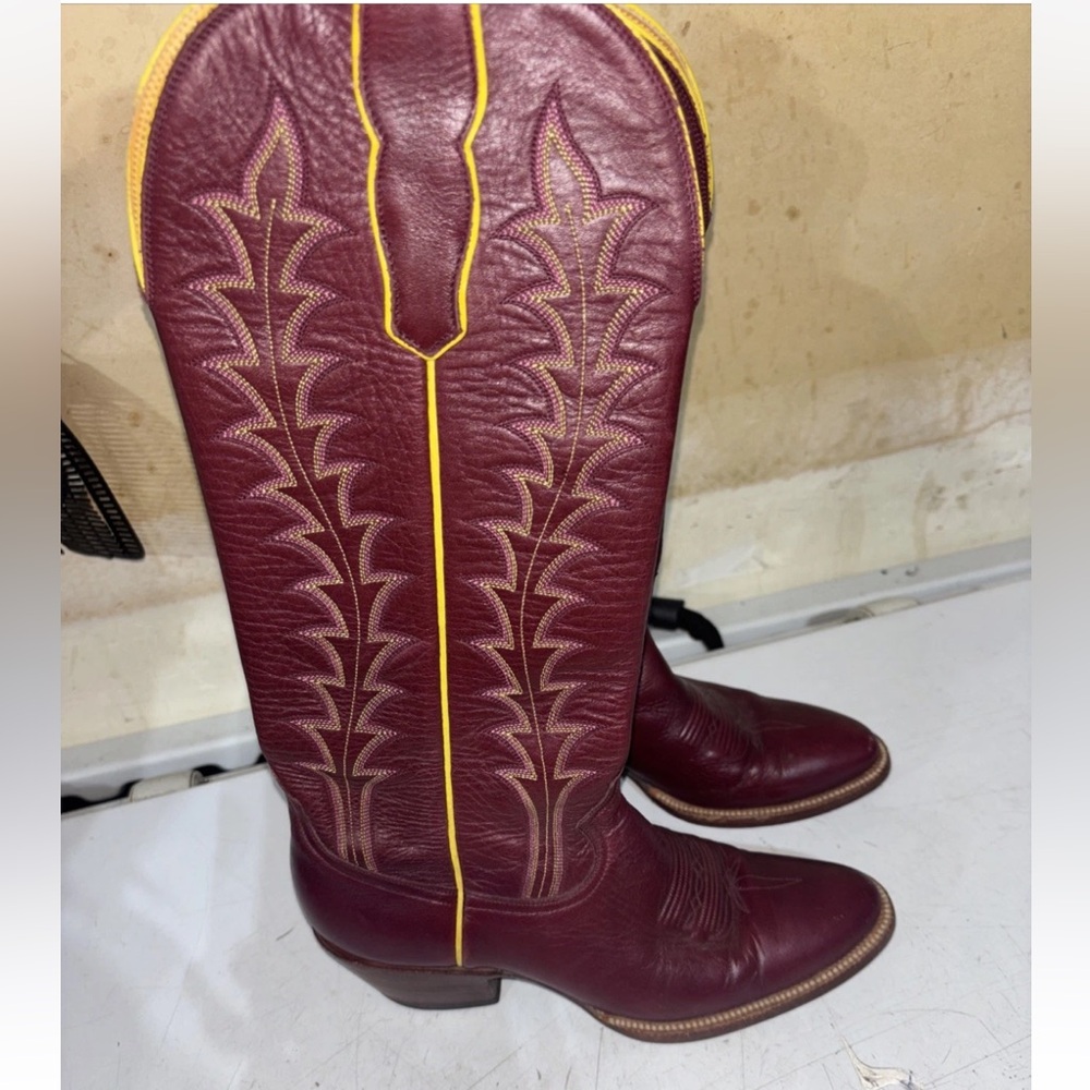 CITY BOOTS burgundy red maroon & yellow 7.5 women’s leather cowboy boots inlay
